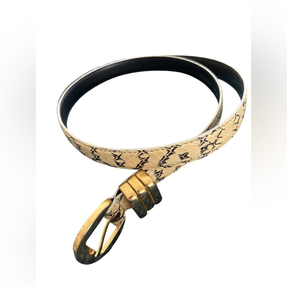 VGC Genuine Snakeskin Thin Belt Gold Buckle Size M Cream Gold Black 1” Western